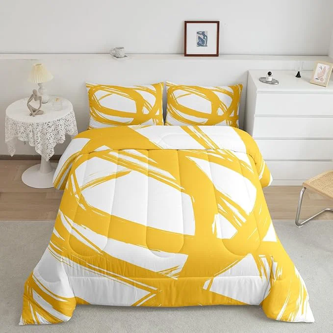 Erosebridal Yellow and White Abstarct Toddler Bedding Set Aesthetic Geometric Comforter Set for Minimalists Graffiti Stripes Lines Quilt Contemporary Boho Modern Art Duvet Insert for Minimalism Selected
