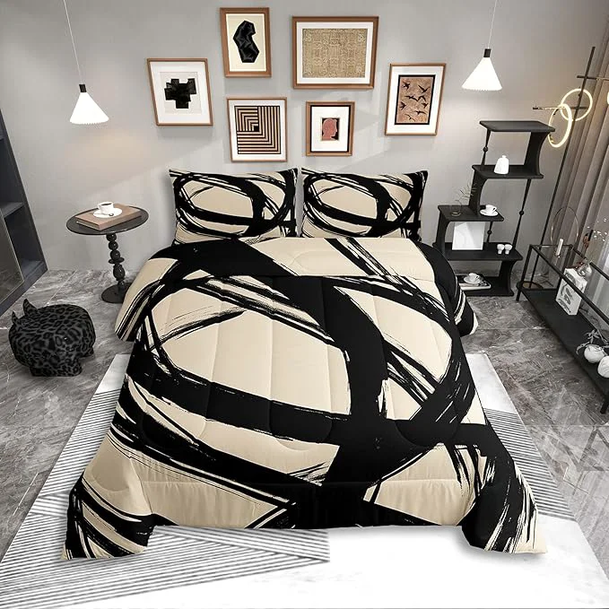 Secure Erosebridal Black and Beige Striped King Bedding Set for Kids Teens Adults Geometric Striped Comforter Set for Minimalists Graffiti Aesthetic Lines Duvet Insert Contemporary Boho Modern Art Quilt Certified