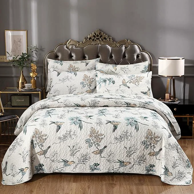 Sophisticated DURLENGEN Birds amp Floral Cotton King Quilt 3Pcs Reversible Birds amp Flowers Pattern on White Luxury Lightweight Coverlet Sets for All Season King 106×96 Birds amp Floral Powerful