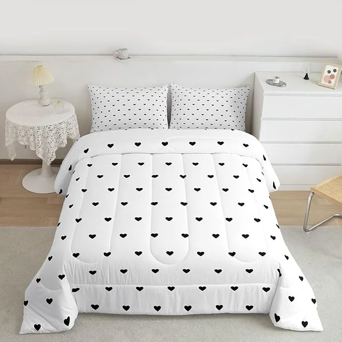 Reliable Erosebridal White Black Comforter Set Cute Heart Pattern Bedding Set Girly Cartoon Love Geometric Down Comforter Twin Size Cute Quilt Set for Kids Girls Boys Teens Bedroom Decor Soft Duvet Set Specialty