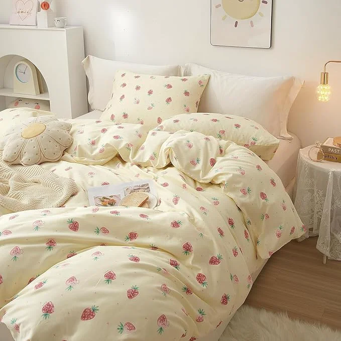 Reliable HighBuy Full Size Comforter Set Beige with Strawberry Pattern for Girls Teens Kawaii Bedding Set 3 Piece Cute Full Size Comforter Fluffy with 2 Pillowcases Kids Boys Comforter Skin Friendly Elegant