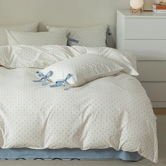 Detailed HighBuy Botanical Blue Flower Comforter Set Full Size Checkered Floral Comforter Set Full Girl Toddler French Country Style Coquette Bed Comforter Sets with 2 Bowknot Bow Tie Pillowcases Luxury Comfy Relaxed