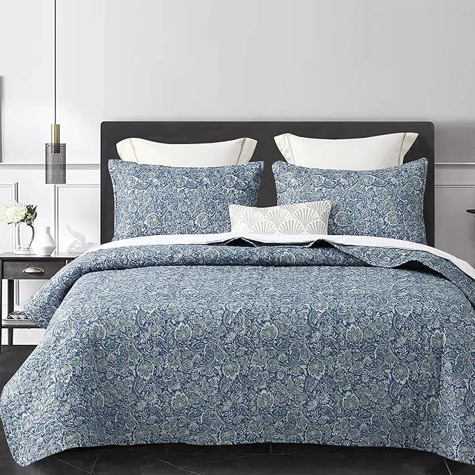 Breathable DURLENGEN Quilt Set Queen Size 3Pcs Soft Microfiber Lightweight Bedspread Blue amp Green Paisley Floral Geometric Pattern Coverlet for All Season Layering Queen 90×96 Paisley Blue Smooth