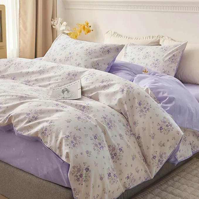 Minimalist HighBuy Boho Floral Comforter Set Queen Purple Flower Bedding Comforter Set Comfy for Queen Bed Luxurious Soft Floral Comforter with 2 Pillowcases Women Girl Botanical Cooling Comforter Sets Lightweight