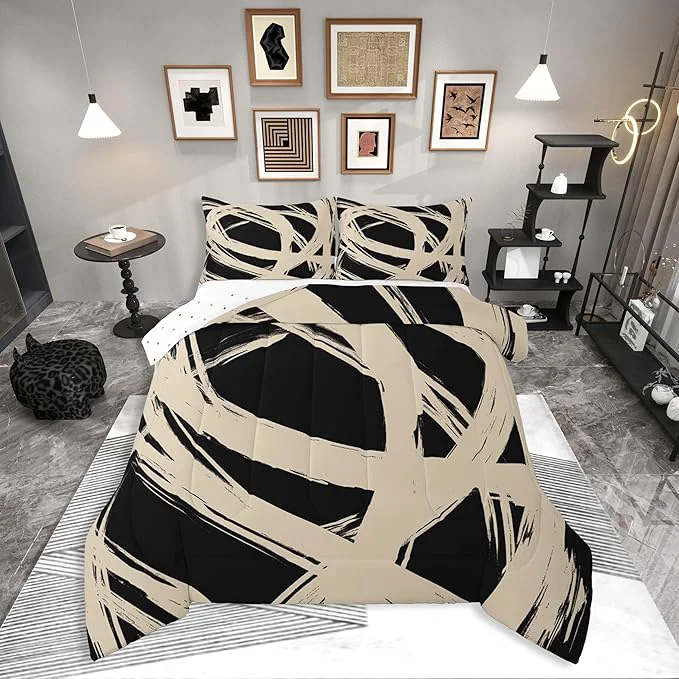 Clean Erosebridal Beige and Black Abstarct Queen Comforter Set for Adult Women Men Geometric Striped Bedding Set for Minimalists Graffiti Aesthetic Lines Quilt Contemporary Boho Modern Art Duvet Insert Exceptional