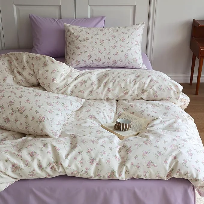 Organic HighBuy Garden Style Floral Queen Comforter Set Lilac Floral Fluffy Soft Cute Flower Bedding Set for Girls Women Vintage Style Botanical Comforter Set 1 Queen Comforter with 2 Pillowcases Specialty