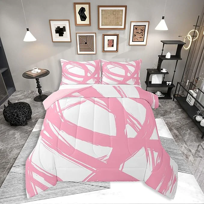 Recyclable Erosebridal Pink and White Abstarct Toddler Bedding Set Aesthetic Geometric Comforter Set for Minimalists Graffiti Stripes Lines Quilt Contemporary Boho Modern Art Duvet Insert for Minimalism Pure