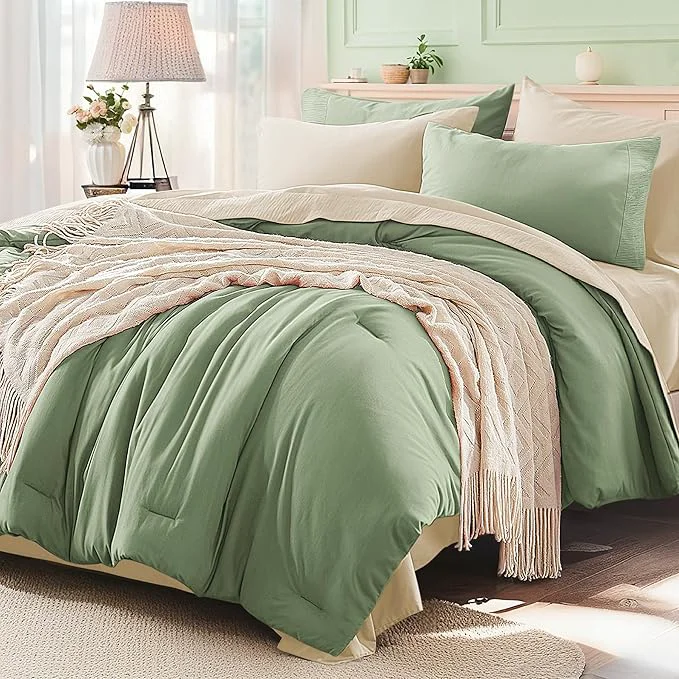 Functional Anluoer Sage and Cream Full Comforter Set 7 Pieces Bed in a Bag with Sheets All Season Bedding Sets with 1 Comforter 2 Pillow Shams 2 Pillowcases 1 Flat Sheet 1 Fitted Sheet Carefully Designed