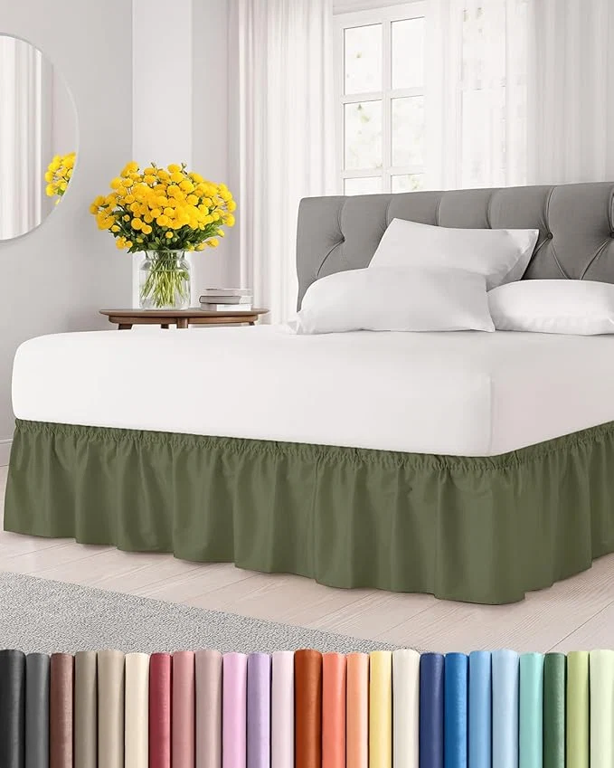 Effective Wrap Around Dust Ruffle Bed Skirt – Sage Green – for King Size Beds with 21 Inch Drop – Elastic Strap – Adjustable Pleated Bedskirt with Brushed Fabric and Wrinkle – for Women Men Kids amp Teens Smooth
