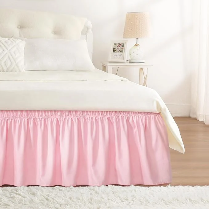 Detailed RIMELA Pink Bed Skirt Queen Size 15 Inch Drop Elastic Wrap Around Dust Ruffle Solid Bedding Bedskirt Soft Microfiber Fabric Machine Washable Easy to Install Original Design