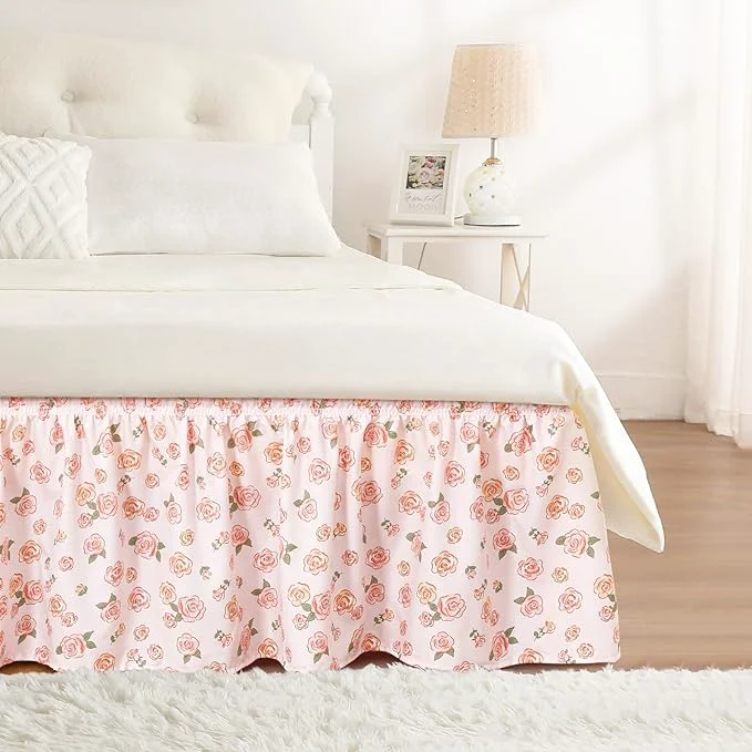 Recyclable RIMELA Pastel Rose Bed Skirt Queen Size 15 Inch Drop Elastic Bed Skirting for Bed Frame Bedding Dust Ruffle Easy to Install Lightweight Wrap Around Adjustable Bedskirt Bedroom Decor High-Performance