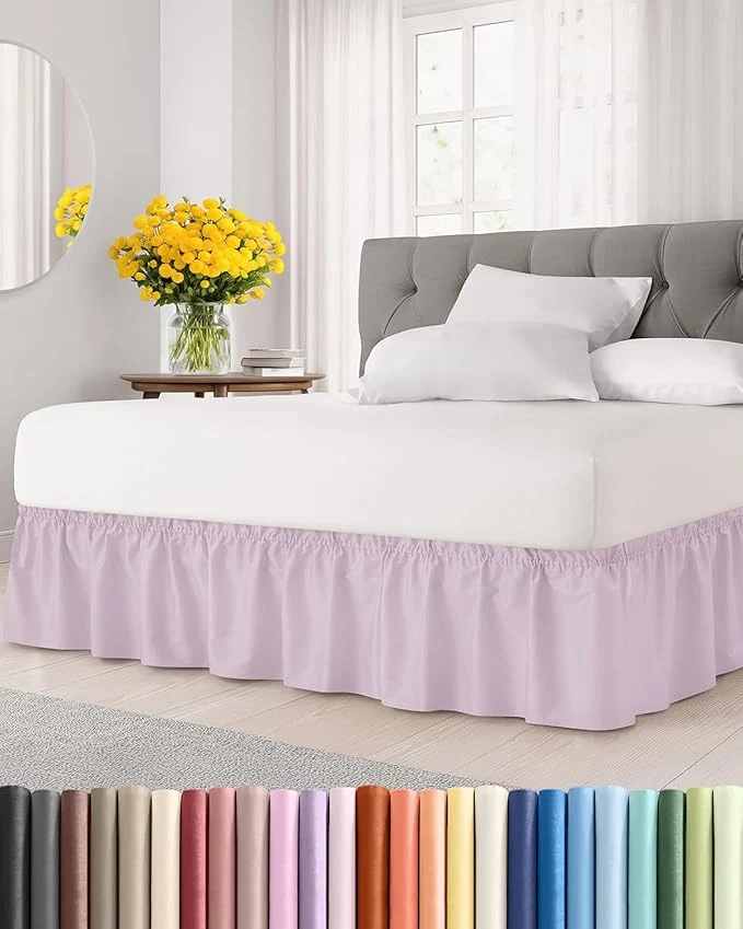 High-Quality Wrap Around Dust Ruffle Bed Skirt - Light Lavender - for Queen Size Beds w 15 Inch Drop - Easy Fit Elastic Strap - Adjustable Pleated Bedskirt w Brushed Fabric Wrinkle Women Men Kids amp Teens Solid