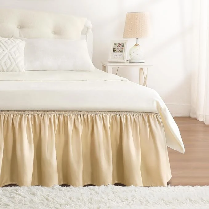Crafted RIMELA Beige Bed Skirt Queen Size 18 Inch Drop Wrap Around Elastic Bedskirt Dust Ruffle for Adjustable Bed Base Machine Washable Easy to Install Bed Skirts Fast