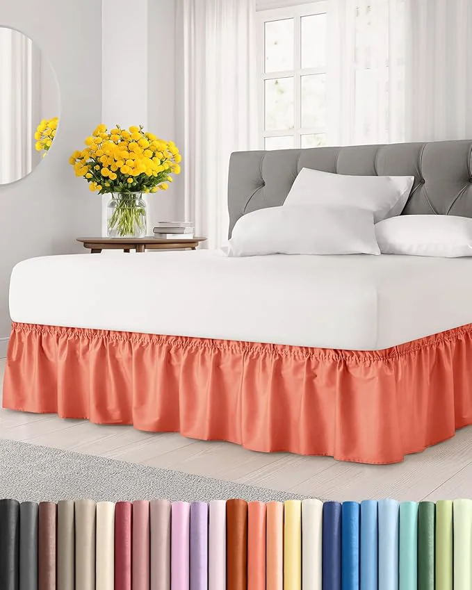Artisan Wrap Around Dust Ruffle Bed Skirt – Coral – for Queen Size Beds with 15 Inch Drop – Easy Fit Elastic Strap – Adjustable Pleated Bedskirt w Brushed Fabric – Wrinkle – for Women Men Kids amp Teens User-Friendly