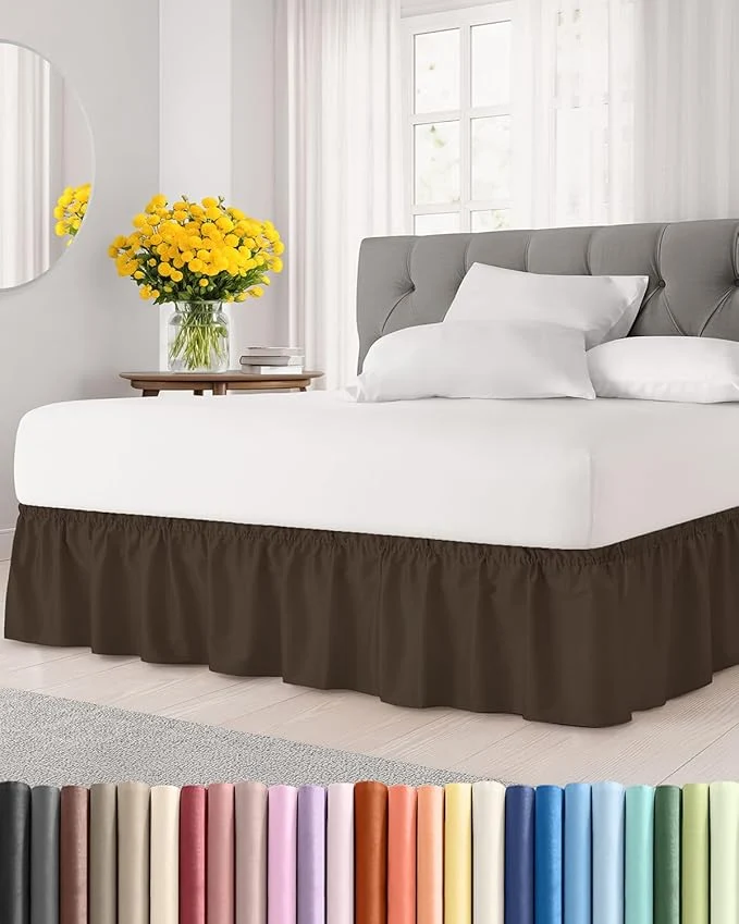 Breathable Wrap Around Dust Ruffle Bed Skirt – Brown – for Full Size Beds with 12 Inch Drop – Easy Fit Elastic Strap – Adjustable Pleated Bedskirt w Brushed Fabric – Wrinkle – for Women Men Kids amp Teens Practical