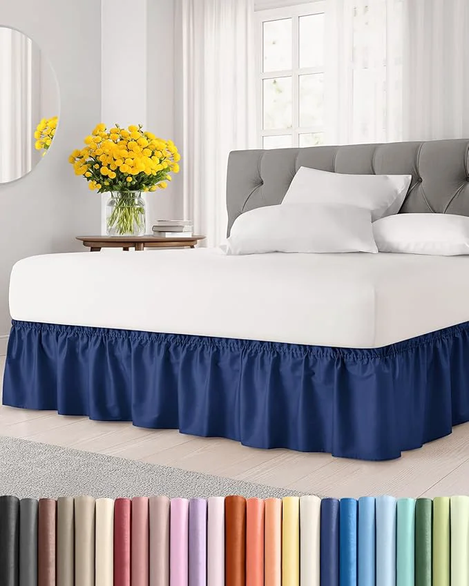 World-Class Wrap Around Dust Ruffle Bed Skirt - Navy Blue - for Full Size Beds with 12 Inch Drop - Elastic Strap - Adjustable Pleated Bedskirt with Brushed Fabric and Wrinkle - for Women Men Kids amp Teens Verified
