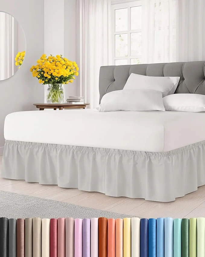 Dependable Wrap Around Dust Ruffle Bed Skirt – French Grey – for Full Size Beds w 15 Inch Drop – Easy Fit Elastic Strap – Adjustable Pleated Bedskirt w Brushed Fabric – Wrinkle Women Men Kids amp Teens User-Friendly