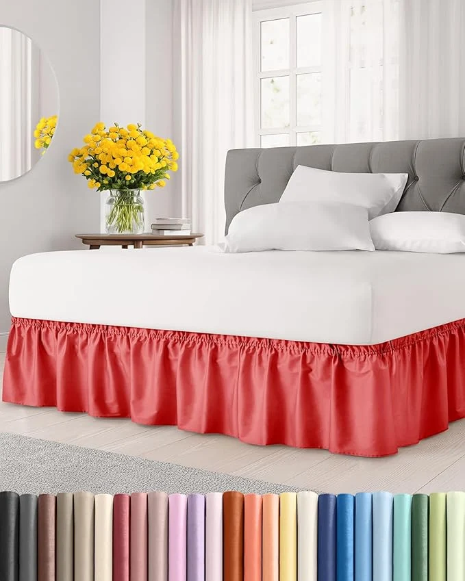 High-Performance Wrap Around Dust Ruffle Bed Skirt – Red – for Full Size Beds with 18 Inch Drop – Easy Fit Elastic Strap – Adjustable Pleated Bedskirt w Brushed Fabric – Wrinkle – for Women Men Kids amp Teens Functional