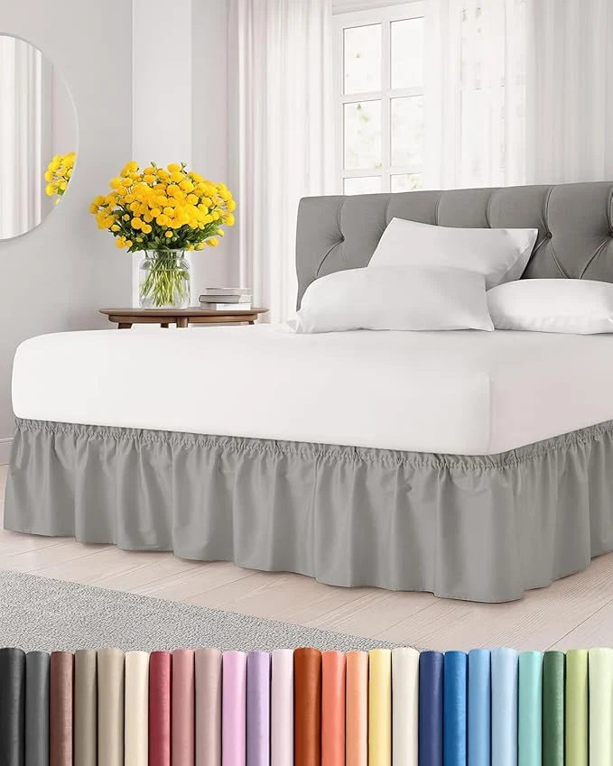 Lightweight Wrap Around Dust Ruffle Bed Skirt – Light Grey – for King Size Beds with 12 Inch Drop – Elastic Strap – Adjustable Pleated Bedskirt with Brushed Fabric and Wrinkle – for Women Men Kids amp Teens Stylish