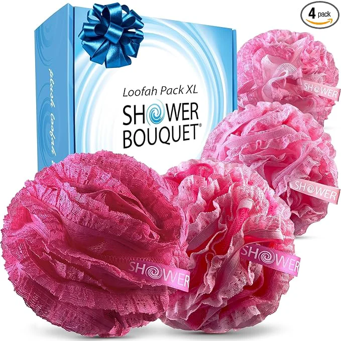 Responsible SHOWER BOUQUET Pink-Loofah-Bath-Sponge Lace-Mesh-Set 2-Scrubs-in-1 Large Innovative