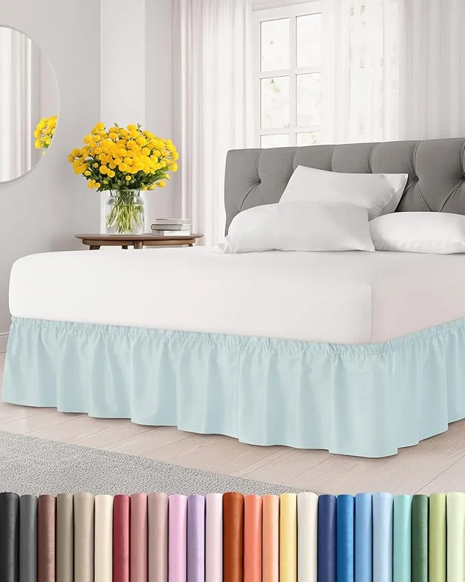 Enhanced Wrap Around Dust Ruffle Bed Skirt – Ice Blue – for Queen Size Beds w 15 Inch Drop – Easy Fit Elastic Strap – Adjustable Pleated Bedskirt w Brushed Fabric – Wrinkle – Women Men Kids amp Teens Healthy