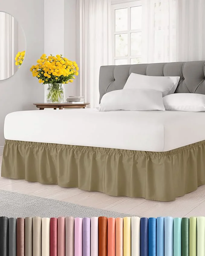 Reliable Wrap Around Dust Ruffle Bed Skirt – Khaki – for Queen Size Beds w 15 Inch Drop – Easy Fit Elastic Strap – Adjustable Pleated Bedskirt w Brushed Fabric – Wrinkle – for Women Men Kids amp Teens Selected