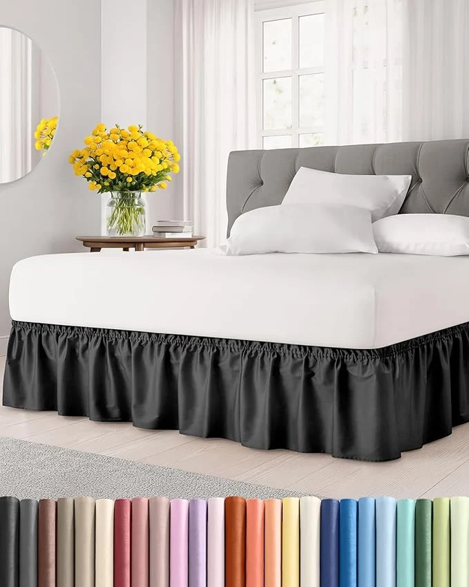 Green Wrap Around Dust Ruffle Bed Skirt – Black – for Full Size Beds with 12 Inch Drop – Easy Fit Elastic Strap – Adjustable Pleated Bedskirt w Brushed Fabric – Wrinkle – for Women Men Kids amp Teens Versatile