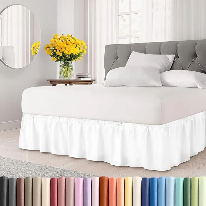 Modern Wrap Around Dust Ruffle Bed Skirt – White – for King Size Beds with 24 Inch Drop – Easy Fit Elastic Strap – Adjustable Pleated Bedskirt w Brushed Fabric – Wrinkle – for Women Men Kids amp Teens Easy-to-Use