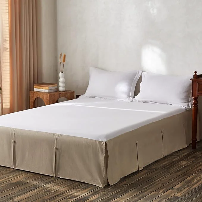 First-Class BISELINA French Linen Bed Skirt Split Corner with Button 18-Inch Tailored Drop Natural Flax Cotton Blend Basic Dust Ruffle Soft Cozy 18 quot King Button Linen Genuine