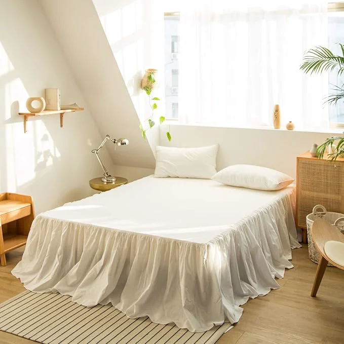 Solid BISELINA French Linen Bed Skirt with Pleated Frills 22-Inch Tailored Drop Natural Flax Cotton Blend Dust Ruffle Soft Cozy Farmhouse Bedding 22 quot Queen White Crafted