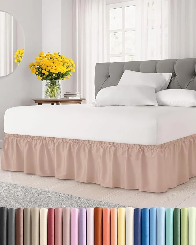 Practical Wrap Around Dust Ruffle Bed Skirt – Mauve – for King Size Beds w 12 Inch Drop – Easy Fit Elastic Strap – Adjustable Pleated Bedskirt w Brushed Fabric – Wrinkle – for Women Men Kids amp Teens Stylish