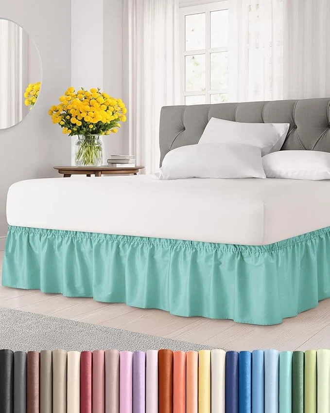 Outstanding Wrap Around Dust Ruffle Bed Skirt – Spa Blue – for King Size Beds with 24 Inch Drop – Easy Fit Elastic Strap – Adjustable Pleated Bedskirt w Brushed Fabric Wrinkle – for Women Men Kids amp Teens Durable