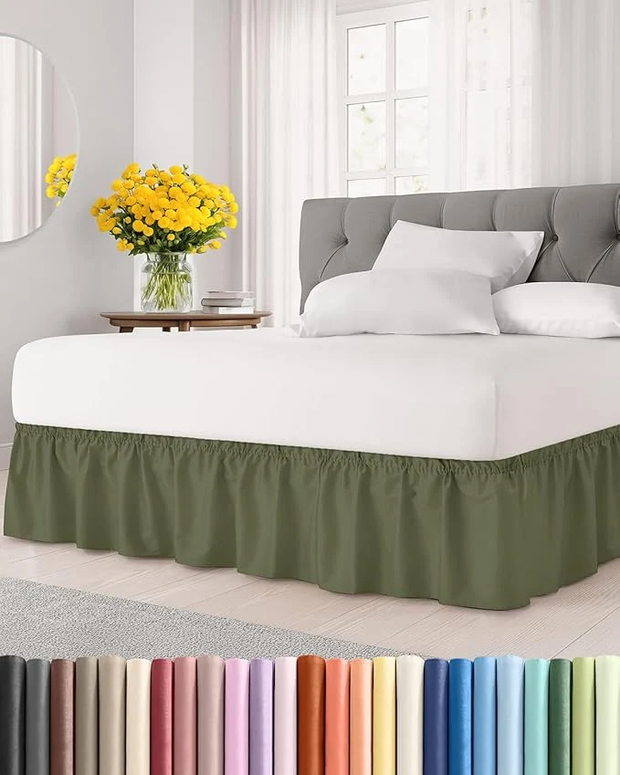 Natural Wrap Around Dust Ruffle Bed Skirt – Sage Green – for Full Size Beds with 12 Inch Drop – Elastic Strap – Adjustable Pleated Bedskirt with Brushed Fabric and Wrinkle – for Women Men Kids amp Teens Artisan