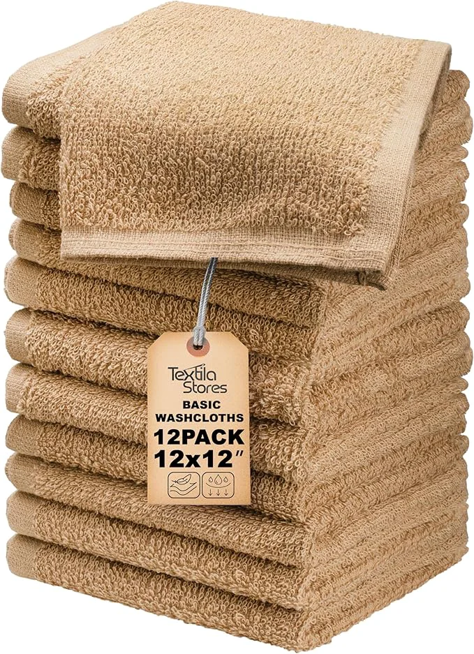 Smart Basic Wash Cloths 12×12 Inches – Pack of 12 – Beige Color – Soft and Absorbent Comfortable