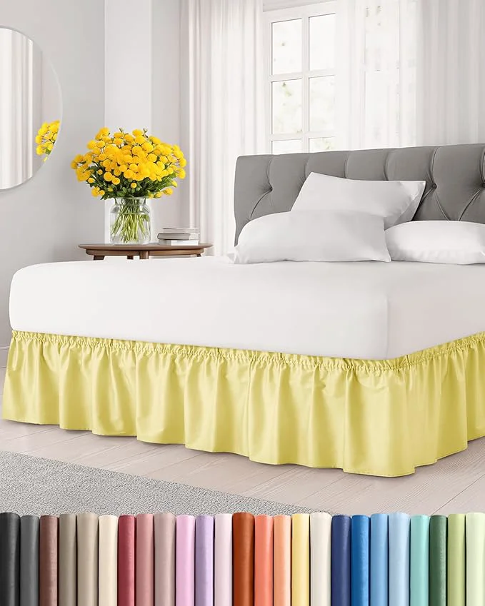 Dependable Wrap Around Dust Ruffle Bed Skirt – Yellow – for Full Size Beds with 12 Inch Drop – Easy Fit Elastic Strap – Adjustable Pleated Bedskirt w Brushed Fabric – Wrinkle – for Women Men Kids amp Teens Casual