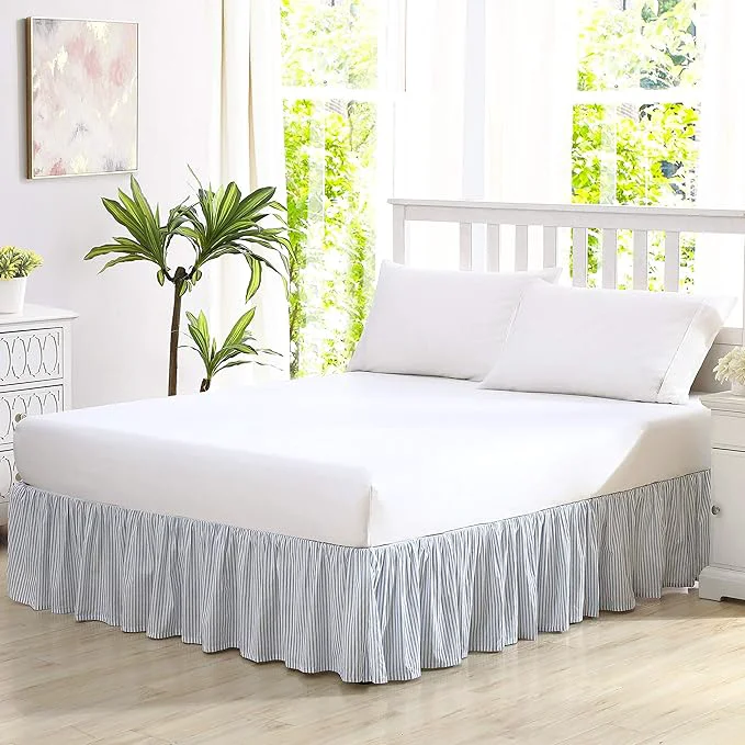 Trendy Laura Ashley – Queen Size Bedskirt Soft Cotton Ruffled Bedding for Year Round Use Striped Bedding with 14.5 quot Drop Ticking Stripe Blue Flexible
