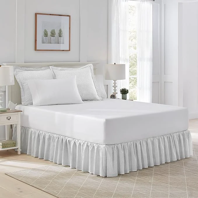 Clean Laura Ashley Home – Twin Bedskirt Cotton Ruffled Bedding Smooth amp Lightweight Dorm Essentials Oeko-Tex Ticking Stripe Grey Enhanced