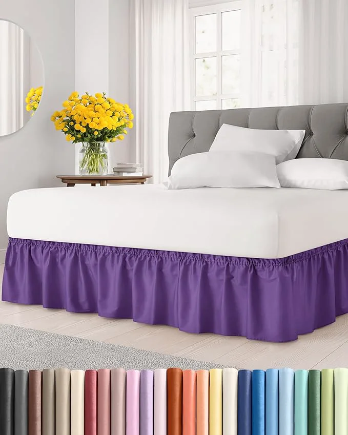 Organic Wrap Around Dust Ruffle Bed Skirt – Purple – for King Size Beds with 21 Inch Drop – Easy Fit Elastic Strap – Adjustable Pleated Bedskirt w Brushed Fabric – Wrinkle – for Women Men Kids amp Teens Refined