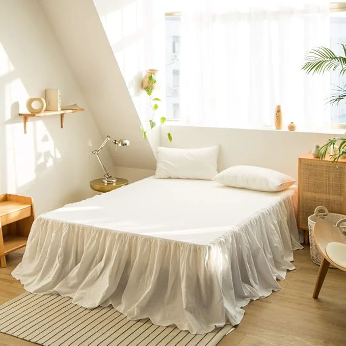Official BISELINA French Linen Bed Skirt with Pleated Frills 22-Inch Tailored Drop Natural Flax Cotton Blend Dust Ruffle Soft Cozy Farmhouse Bedding 22 quot California King Ruffle White Reusable