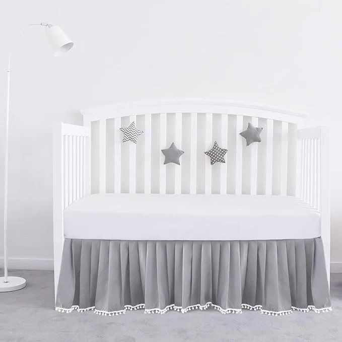 Next-Generation Crib Bed Skirt Grey Pleated with White Lovely Pompoms Bedding Dust Ruffle for Boys 14 quot Drop Fit All Standard Crib Bed Machine Wahable Crib Skirt Eco-Friendly