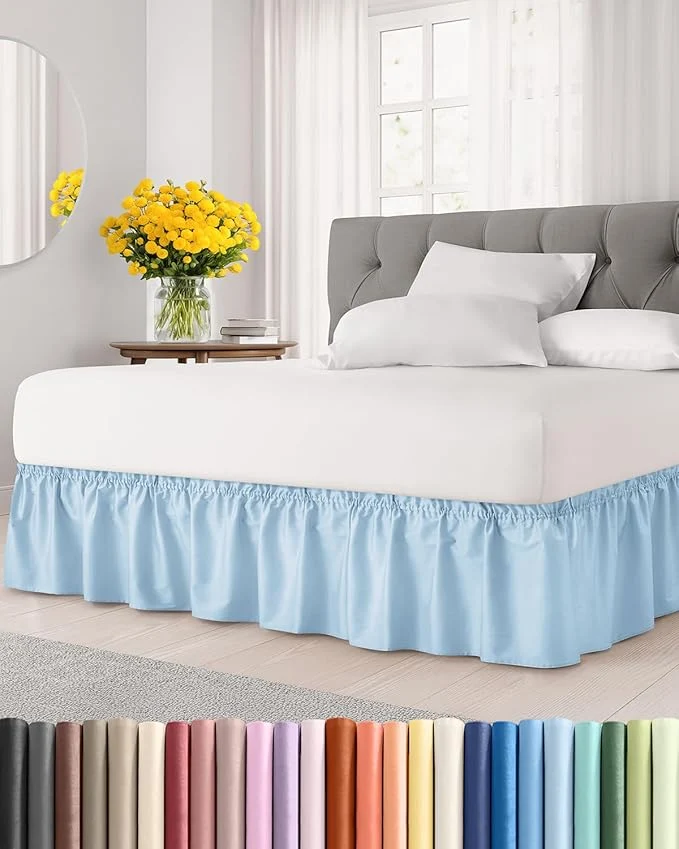 Enhanced Wrap Around Dust Ruffle Bed Skirt – Light Blue – Twin Twin XL Size Beds with 12 Inch Drop – Elastic Strap – Adjustable Pleated Bedskirt with Brushed Fabric and Wrinkle – Women Men Kids amp Teens Refined