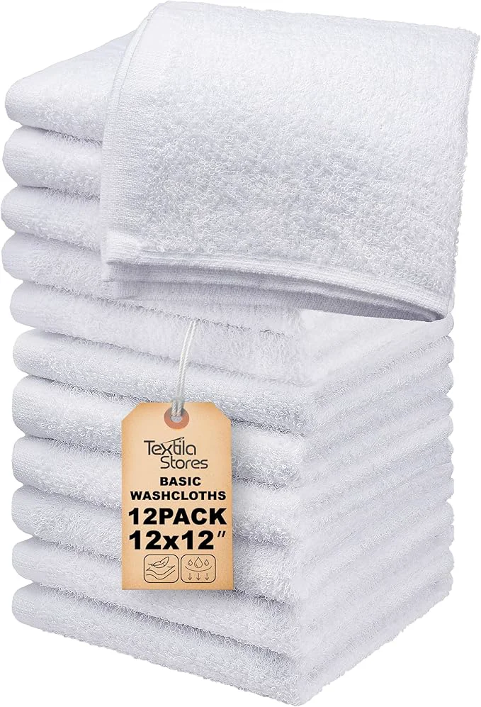 Minimalist Basic Wash Cloths 12×12 Inches – Pack of 12 – White Color – Soft and Absorbent Artisan