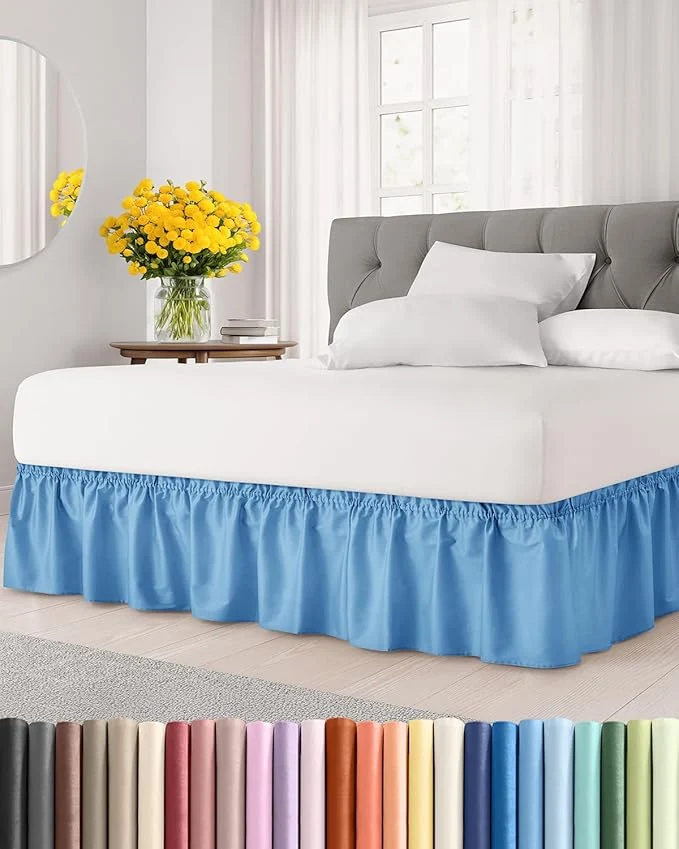Versatile Wrap Around Dust Ruffle Bed Skirt – Denim Blue – for Full Size Beds with 18 Inch Drop – Elastic Strap – Adjustable Pleated Bedskirt with Brushed Fabric and Wrinkle – for Women Men Kids amp Teens Luxury