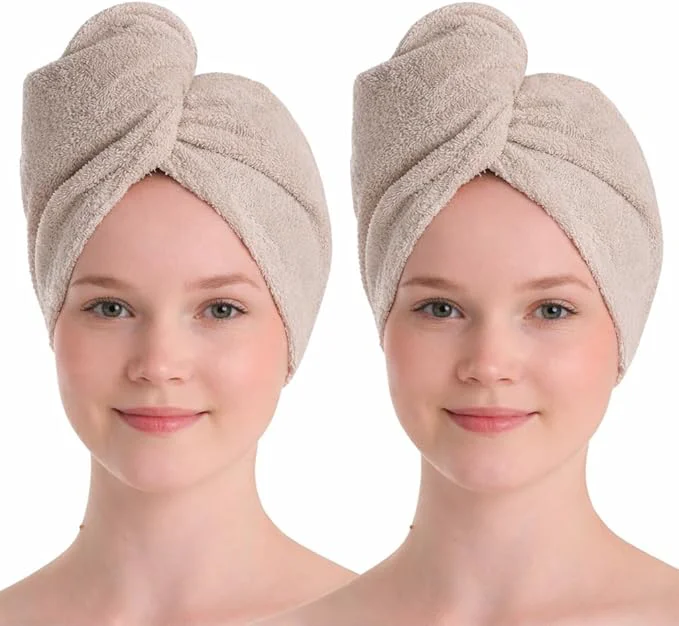 Environmentally Friendly Turkish Cotton Hair Towel Wrap 2 Pack – Oeko-TEX Quick Dry Turban Fast