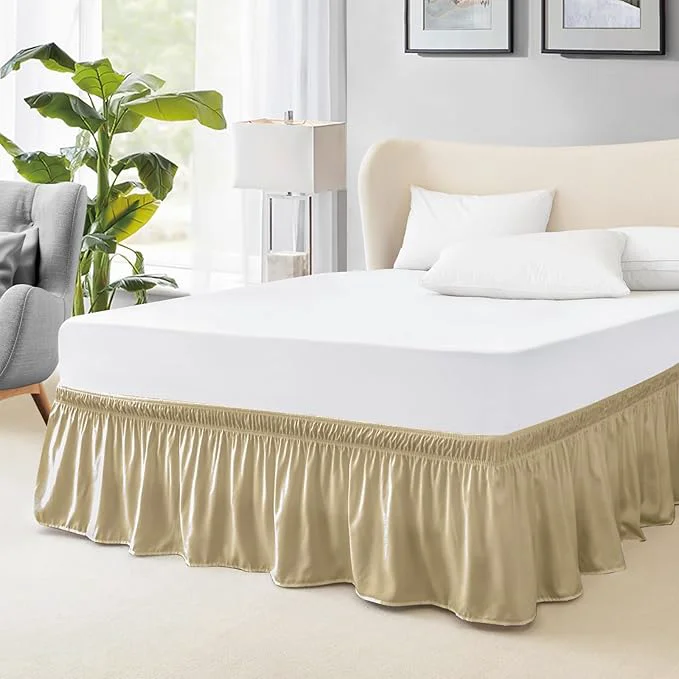FreshCulture Queen Bed Skirt Elastic Wrap Around Bed Skirt Queen Size Bed Skirts for Adjustable Bed Easy Fit with 15-Inch Tailored Drop Hotel Quality Dust Ruffle for Queen Bed Beige Modern
