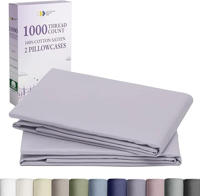 High-End California Design Den Pillow Cases Queen Size Set of 2-1000 Thread Count Soft and Smooth Sateen Weave Cotton Pillowcases Standard Queen Thick and Durable – Lavender Grey Prestigious