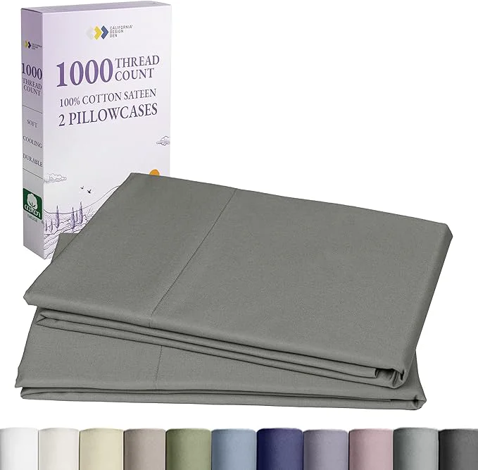 Green California Design Den Queen Standard Pillow Cases Set of 2-1000 Thread Count Sateen Soft and Thick Cotton Pillow Covers Queen Size Durable – Grey Elite
