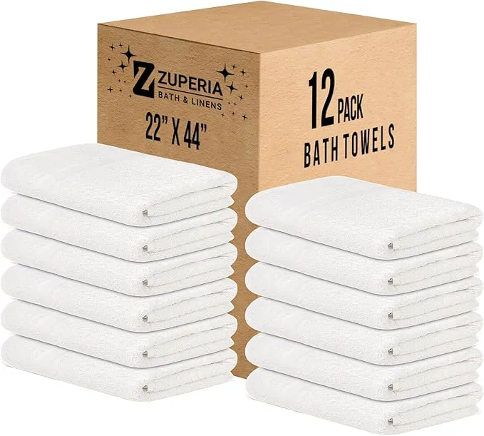 Soft ZUPERIA White Bath Towels Bulk 12 Pack Long-Lasting