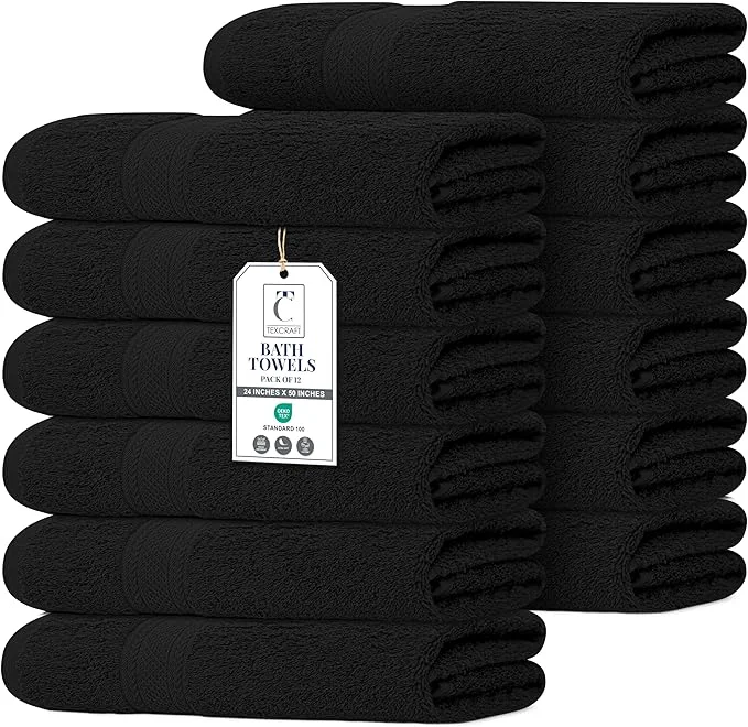 Durable Commercial Bulk Pack of 12 Large Bath Towels – Cotton Terry 24 x 50 – Responsible