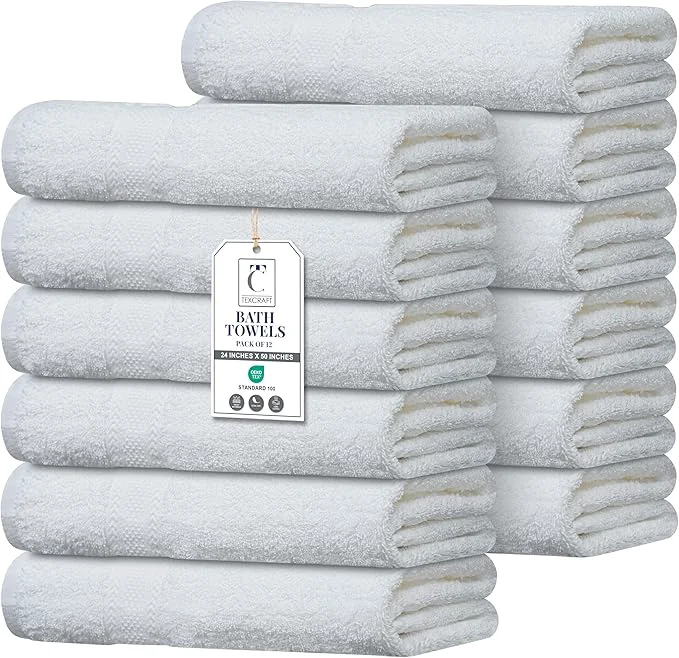Carefully Designed Commercial Bulk Pack of 12 Large Bath Towels – Cotton Terry 24 x 50 – Functional